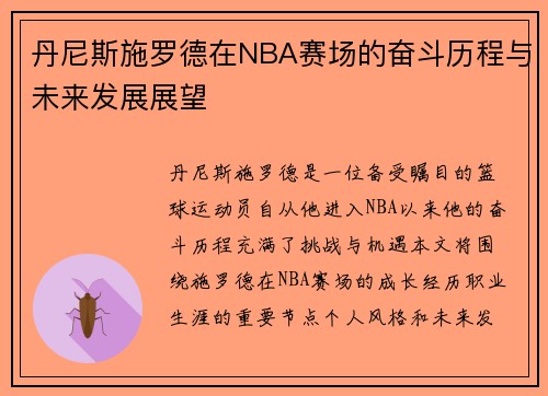 丹尼斯施罗德在NBA赛场的奋斗历程与未来发展展望