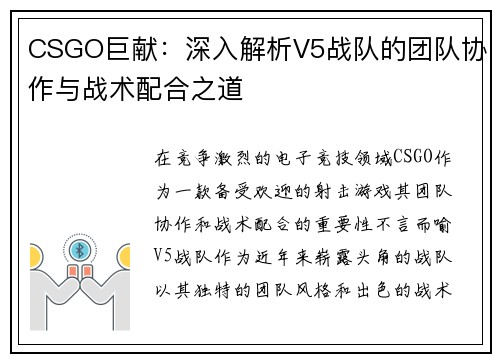 CSGO巨献：深入解析V5战队的团队协作与战术配合之道
