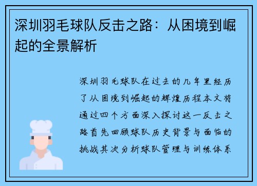 深圳羽毛球队反击之路：从困境到崛起的全景解析