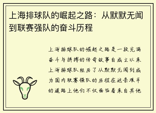上海排球队的崛起之路：从默默无闻到联赛强队的奋斗历程