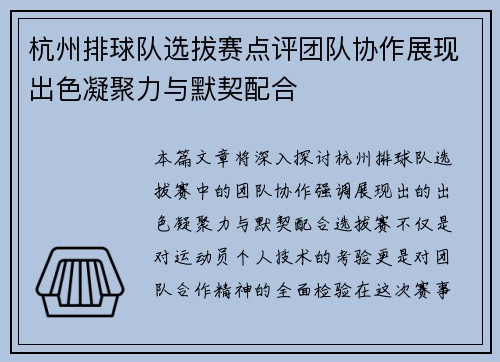 杭州排球队选拔赛点评团队协作展现出色凝聚力与默契配合