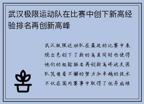 武汉极限运动队在比赛中创下新高经验排名再创新高峰