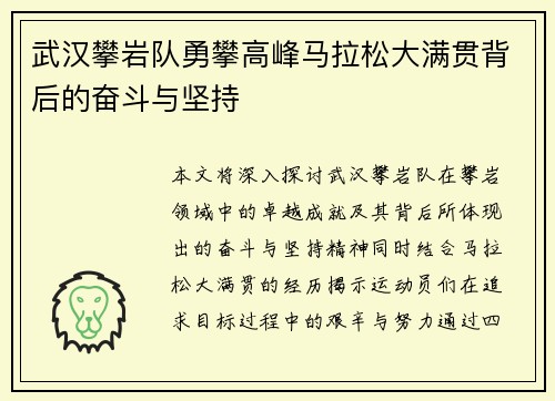 武汉攀岩队勇攀高峰马拉松大满贯背后的奋斗与坚持