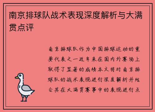 南京排球队战术表现深度解析与大满贯点评