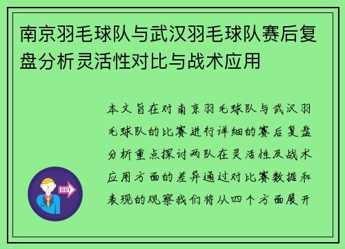 南京羽毛球队与武汉羽毛球队赛后复盘分析灵活性对比与战术应用