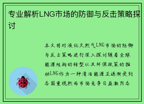 专业解析LNG市场的防御与反击策略探讨