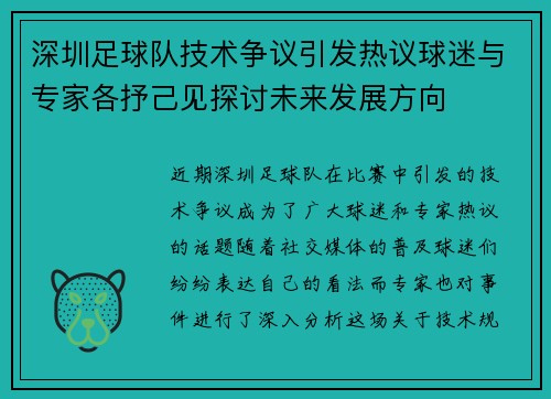 深圳足球队技术争议引发热议球迷与专家各抒己见探讨未来发展方向