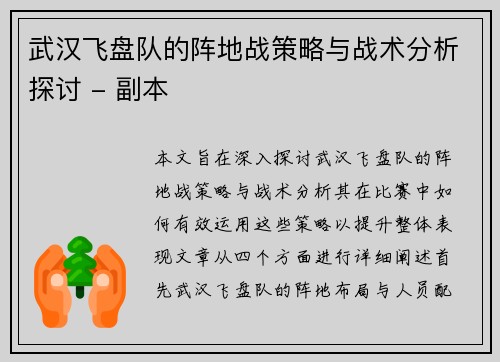 武汉飞盘队的阵地战策略与战术分析探讨 - 副本