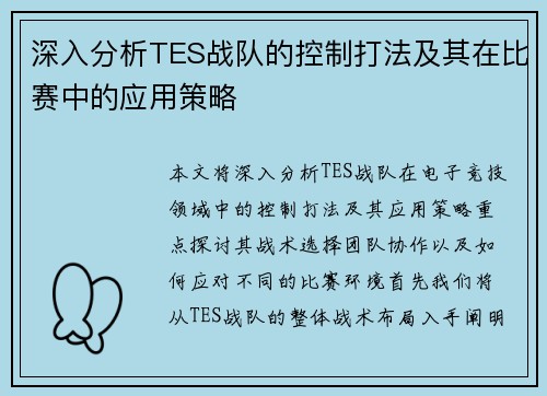 深入分析TES战队的控制打法及其在比赛中的应用策略